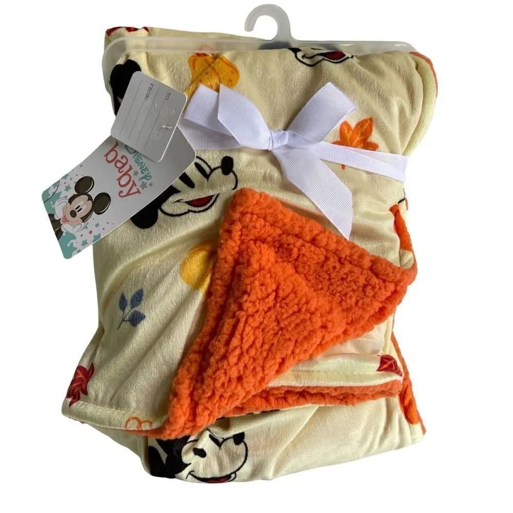 Disney Baby Mickey Mouse Reversible Sherpa Pumpkin Halloween Baby Blanket NWT